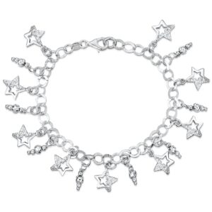 Sterling Silver And Cubic Zirconia Charm Style Bracelet With Dangly Stars