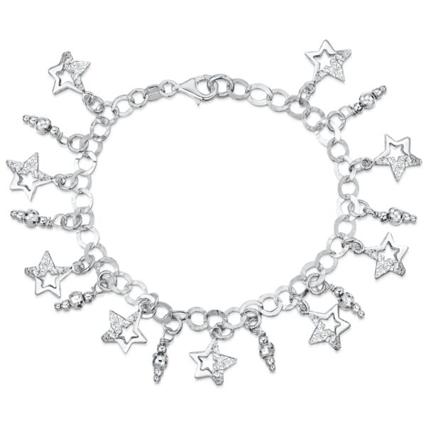 Sterling Silver And Cubic Zirconia Charm Style Bracelet With Dangly Stars