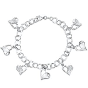 Sterling Silver and Cubic Zirconia Charm Bracelet With Dangly Hearts