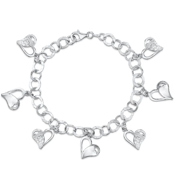 Sterling Silver and Cubic Zirconia Charm Bracelet With Dangly Hearts