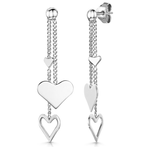 Sterling Silver Chain Drop Earring With 3 Heart Charms